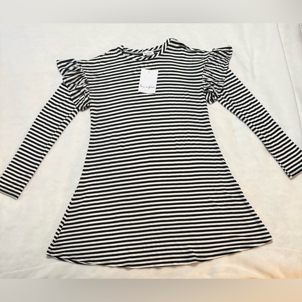 Black & White Stripes long sleeve With ruffles mini dress